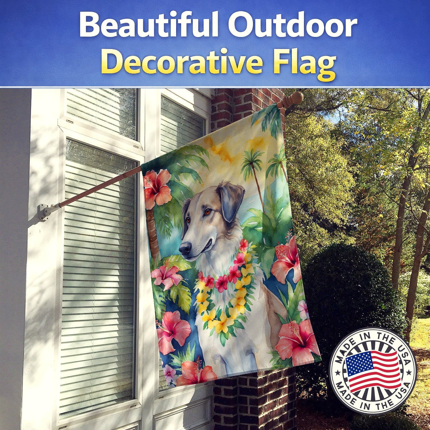 Borzoi Luau House Flag 28x40 Porch Sleeve Pole Decorative Outside Yard Banner Artwork Wall Hanging, Polyester