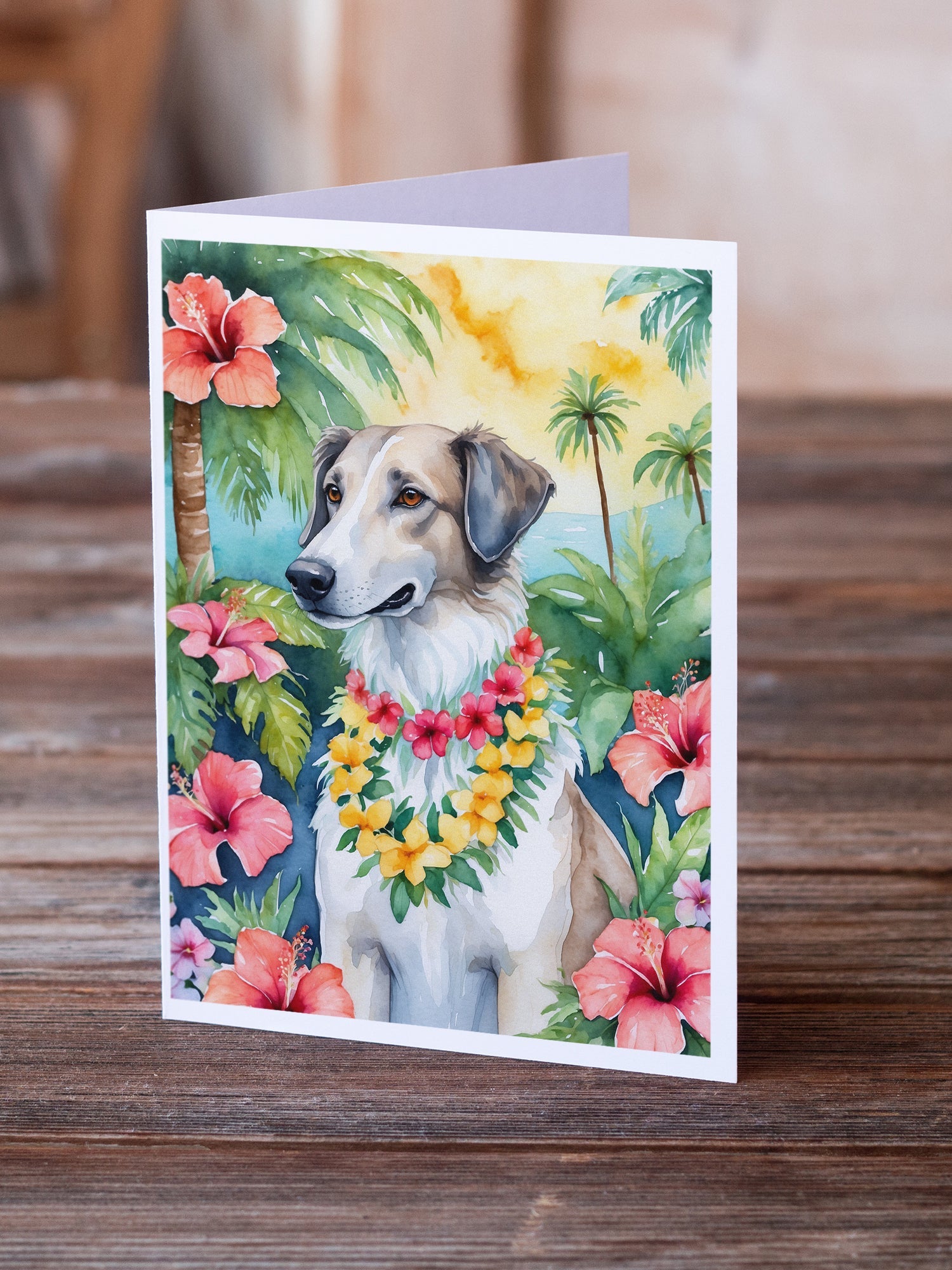 Borzoi Luau Greeting Cards Pack of 8 Blank Cards with Envelopes Whimsical A7 Size 5x7