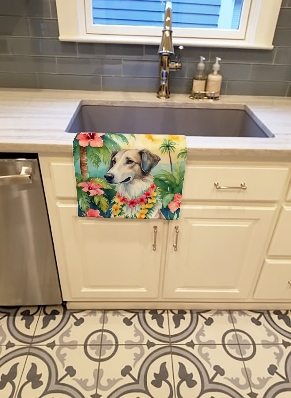 Borzoi Luau Kitchen Towel Velour Plush Front and Cotton Loop Back Machine Washable