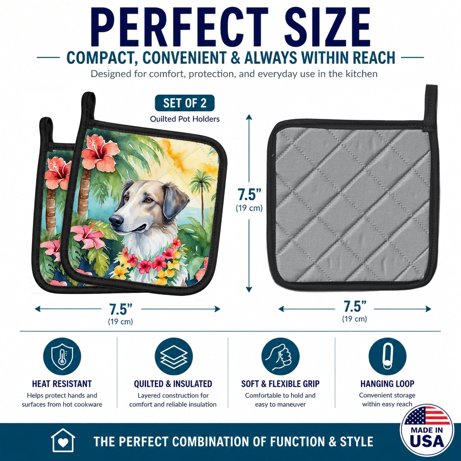 Borzoi Luau Pot Holder Set of 2 Heat Resistant Quilted Hot Pads 7.5 x 7.5 Inch, Insulated Kitchen Trivets for Cooking & Baking