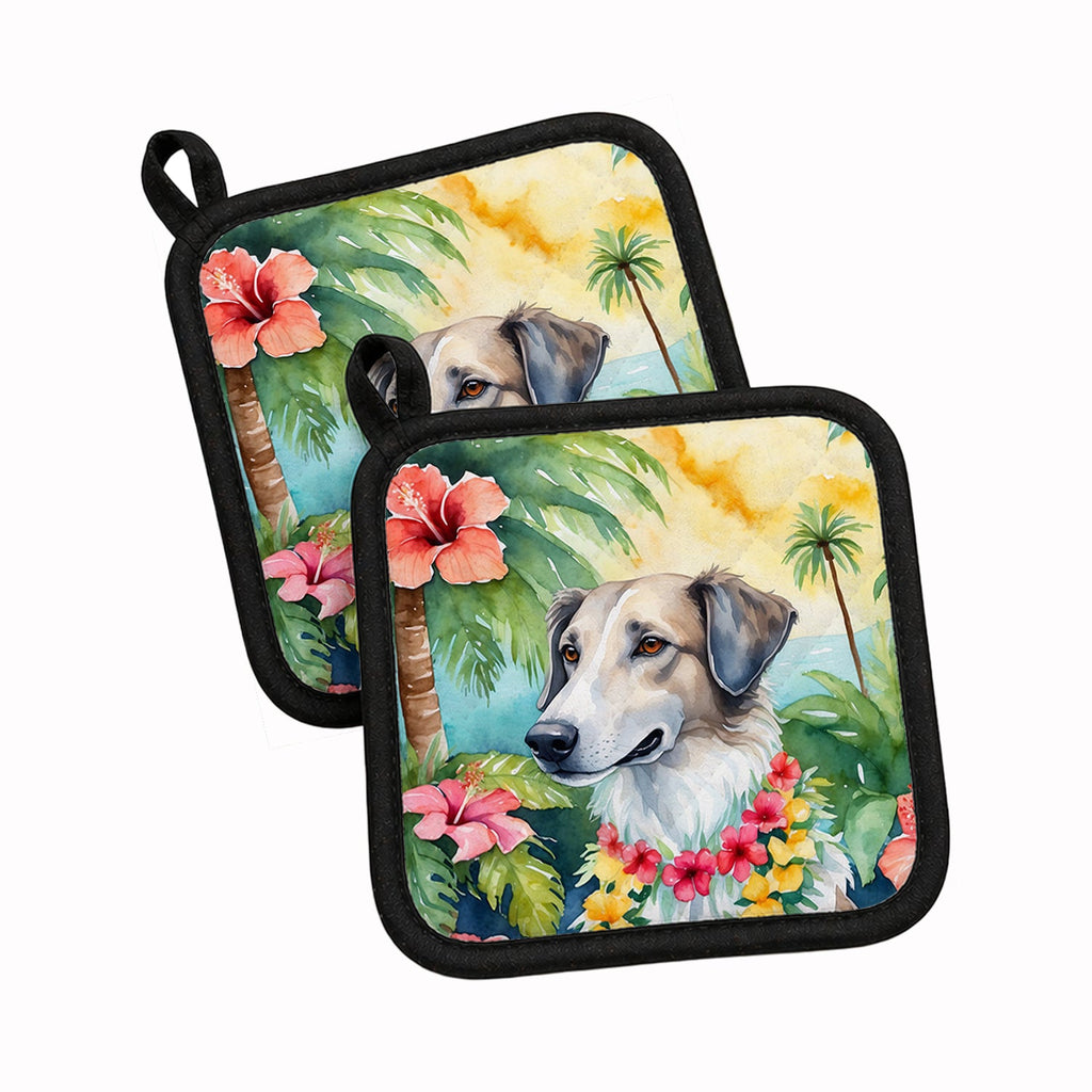 Borzoi Luau Pot Holder Set of 2 Heat Resistant Quilted Hot Pads 7.5 x 7.5 Inch, Insulated Kitchen Trivets for Cooking & Baking