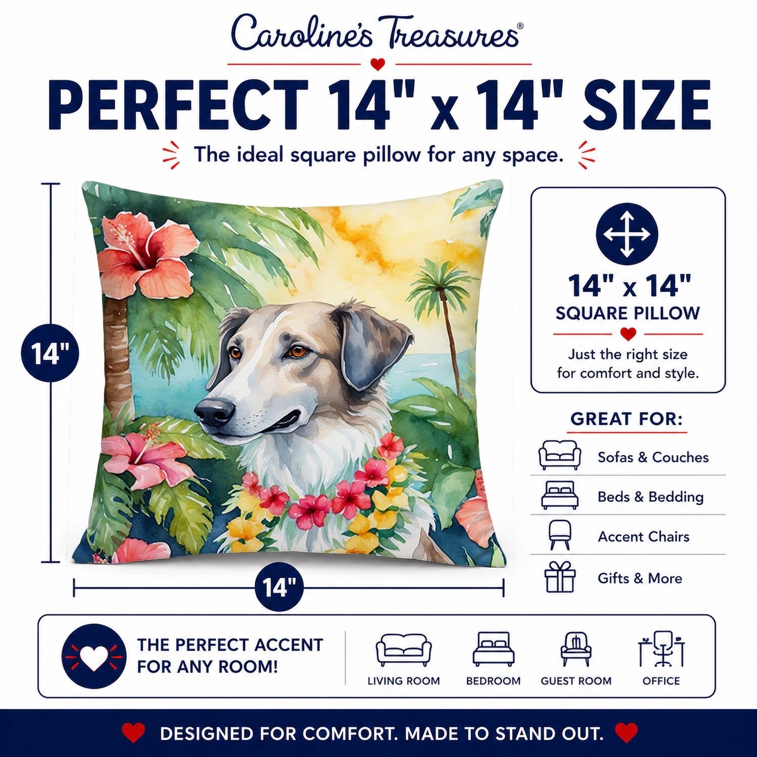 Borzoi Luau Decorative Throw Pillow 14x14 Indoor Outdoor Accent Cushion, Fabric Cover with Insert for Sofa, Bed, Porch & Living Room