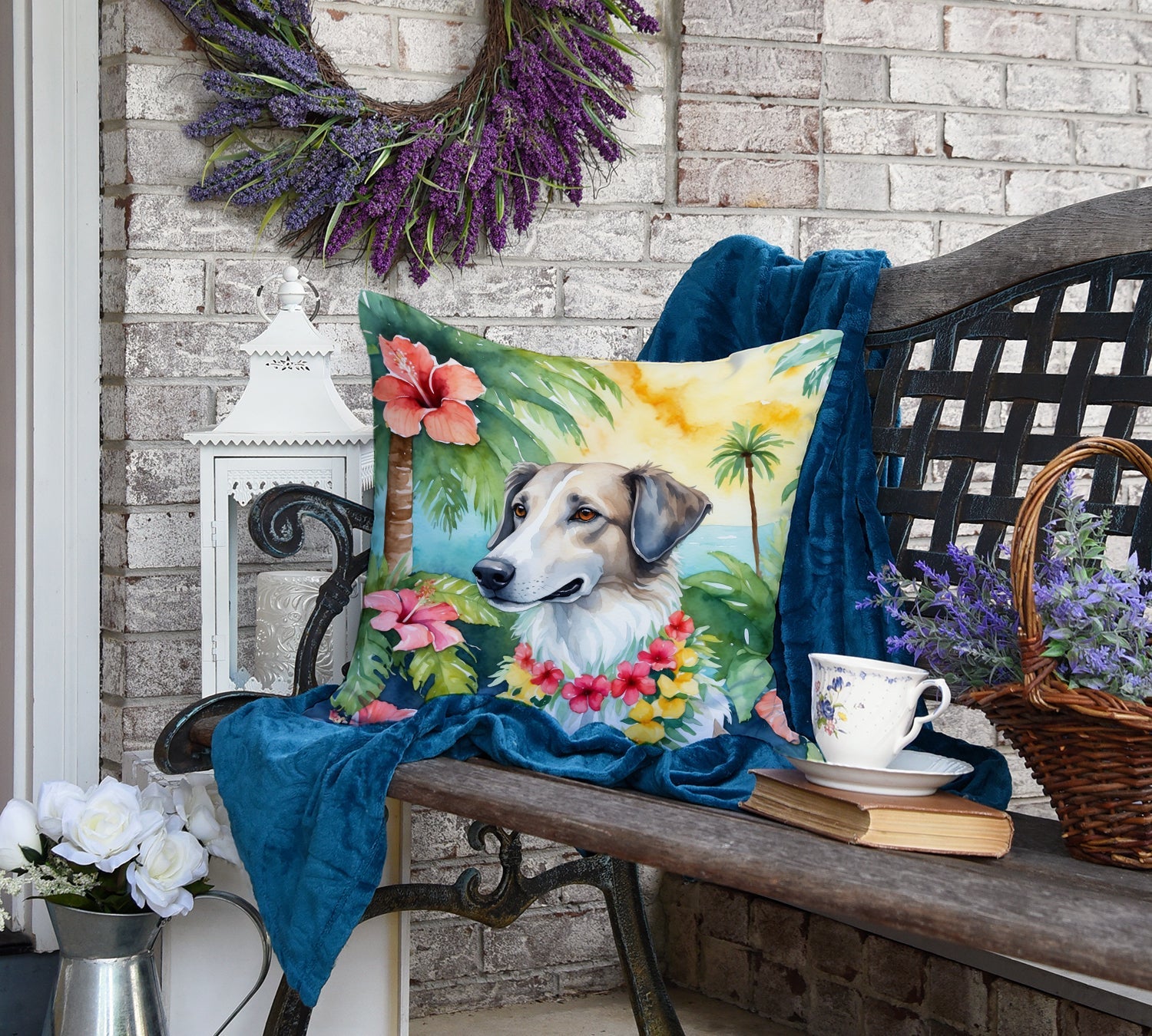 Borzoi Luau Decorative Throw Pillow 18x18 Indoor Outdoor Accent Cushion, Fabric Cover with Insert for Sofa, Bed, Porch & Living Room