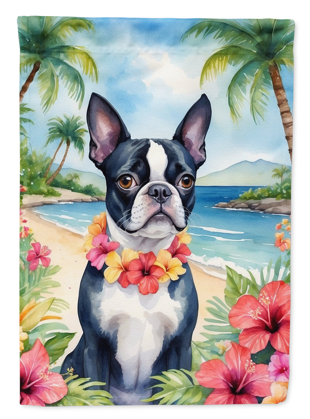 Boston Terrier Luau House Flag 28x40 Porch Sleeve Pole Decorative Outside Yard Banner Artwork Wall Hanging, Polyester