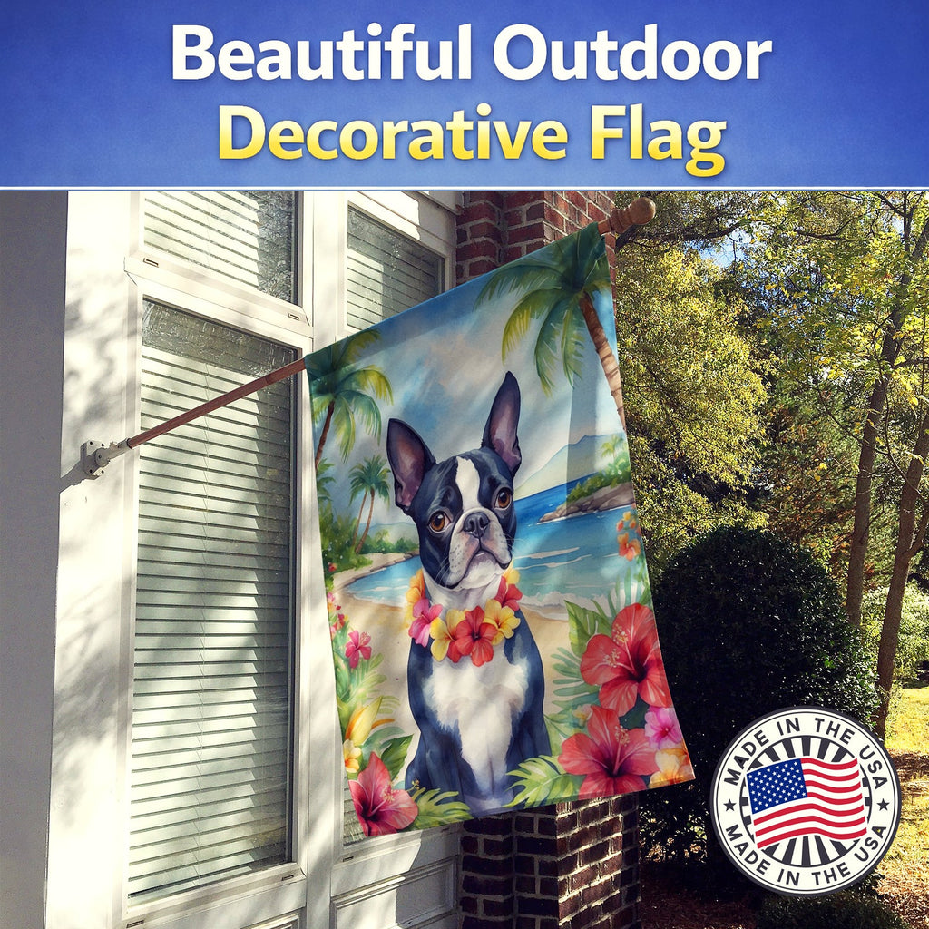 Boston Terrier Luau House Flag 28x40 Porch Sleeve Pole Decorative Outside Yard Banner Artwork Wall Hanging, Polyester