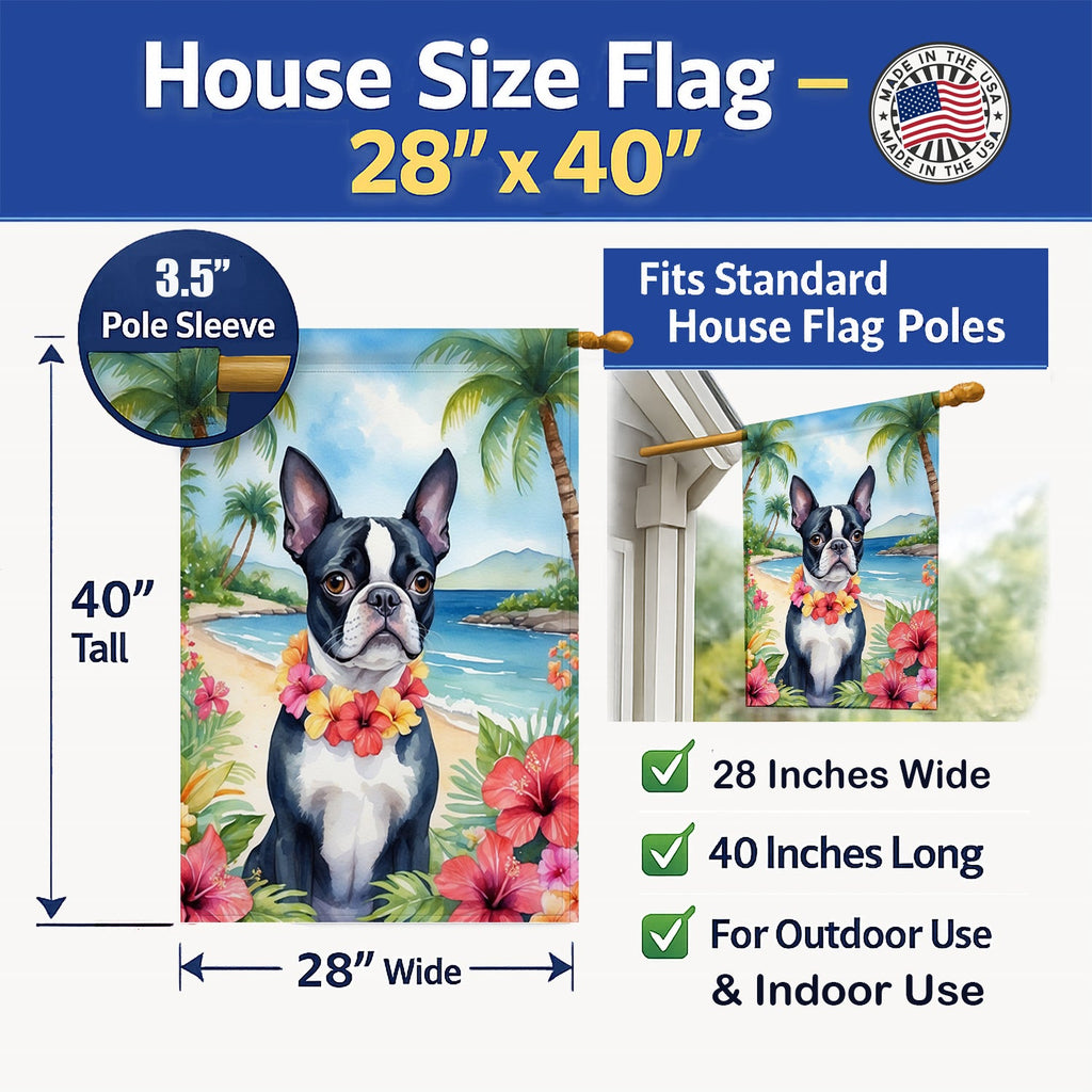 Boston Terrier Luau House Flag 28x40 Porch Sleeve Pole Decorative Outside Yard Banner Artwork Wall Hanging, Polyester
