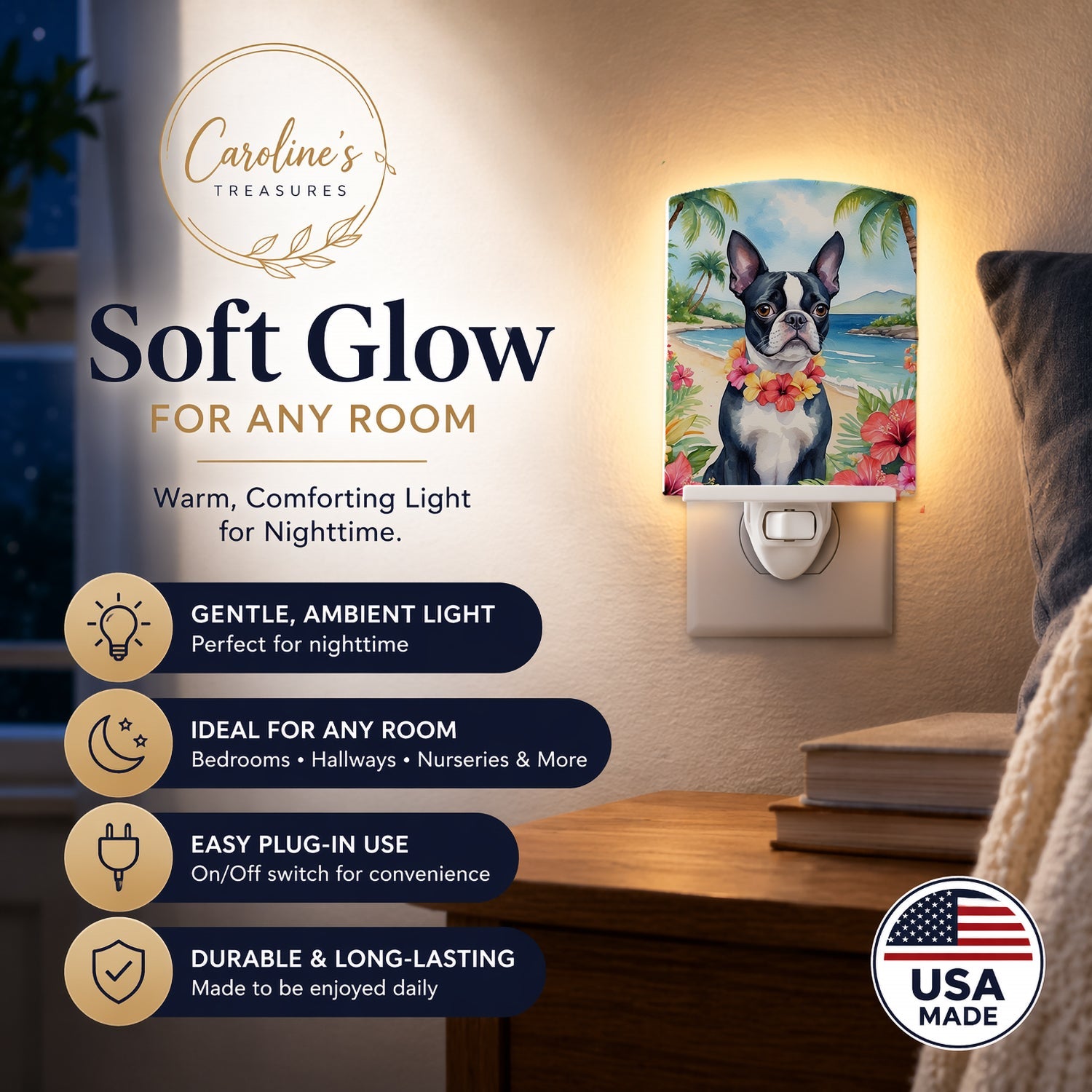 Boston Terrier Luau Ceramic Night Light Compact, UL-Certified, Ideal for Bedroom, Bathroom, Nursery, Hallway, Kitchen, 6x4x3, Multicolor