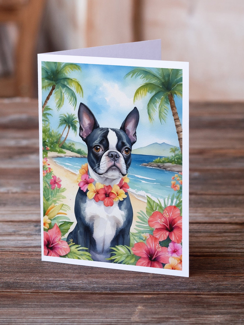 Boston Terrier Luau Greeting Cards Pack of 8 Blank Cards with Envelopes Whimsical A7 Size 5x7
