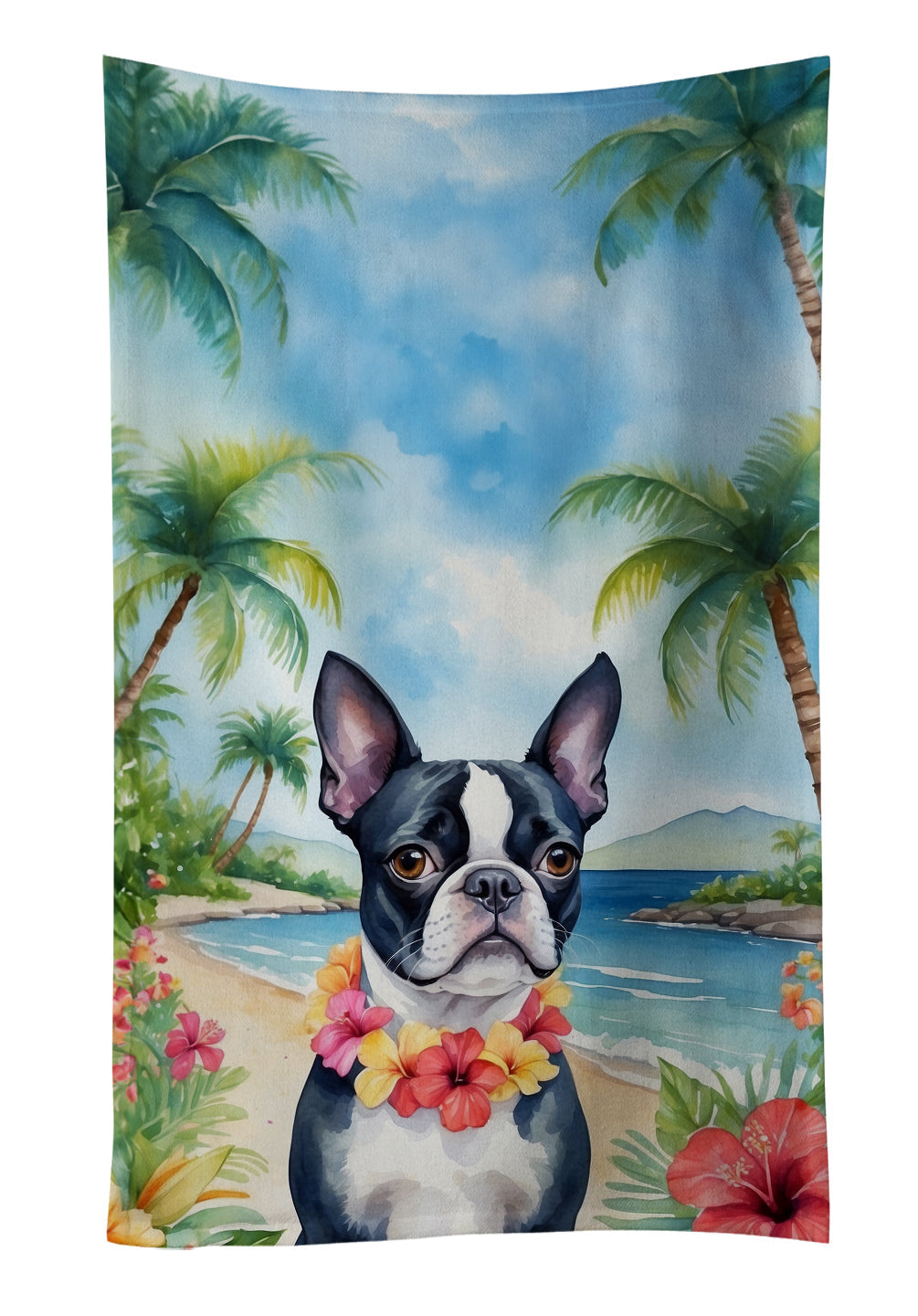 Boston Terrier Luau Kitchen Towel Velour Plush Front and Cotton Loop Back Machine Washable