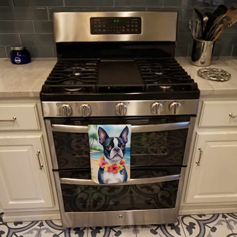 Boston Terrier Luau Kitchen Towel Velour Plush Front and Cotton Loop Back Machine Washable