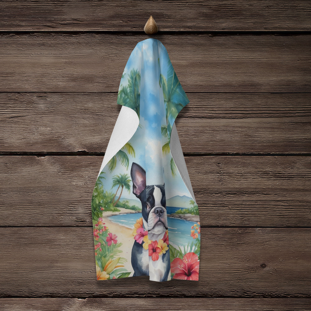 Boston Terrier Luau Kitchen Towel Velour Plush Front and Cotton Loop Back Machine Washable