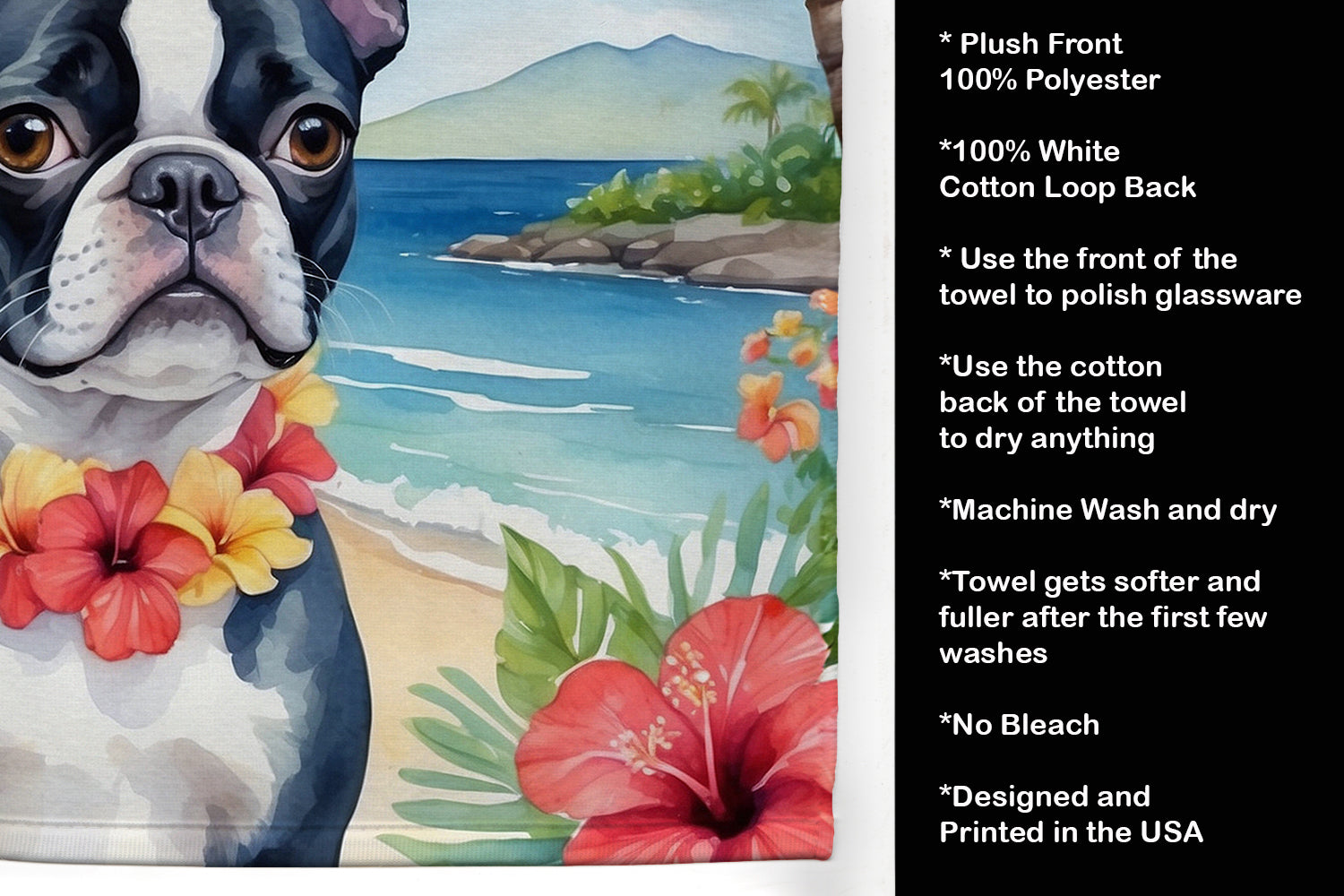Boston Terrier Luau Kitchen Towel Velour Plush Front and Cotton Loop Back Machine Washable