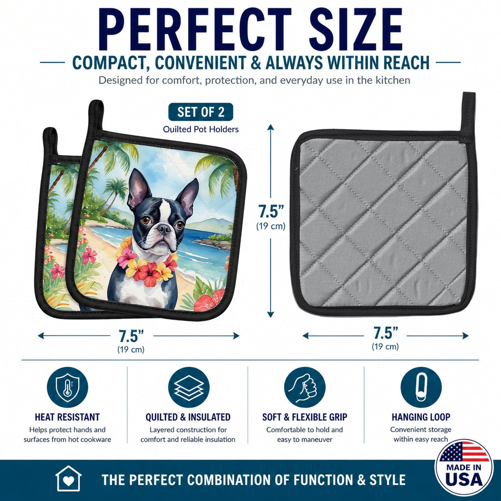 Boston Terrier Luau Pot Holder Set of 2 Heat Resistant Quilted Hot Pads 7.5 x 7.5 Inch, Insulated Kitchen Trivets for Cooking & Baking