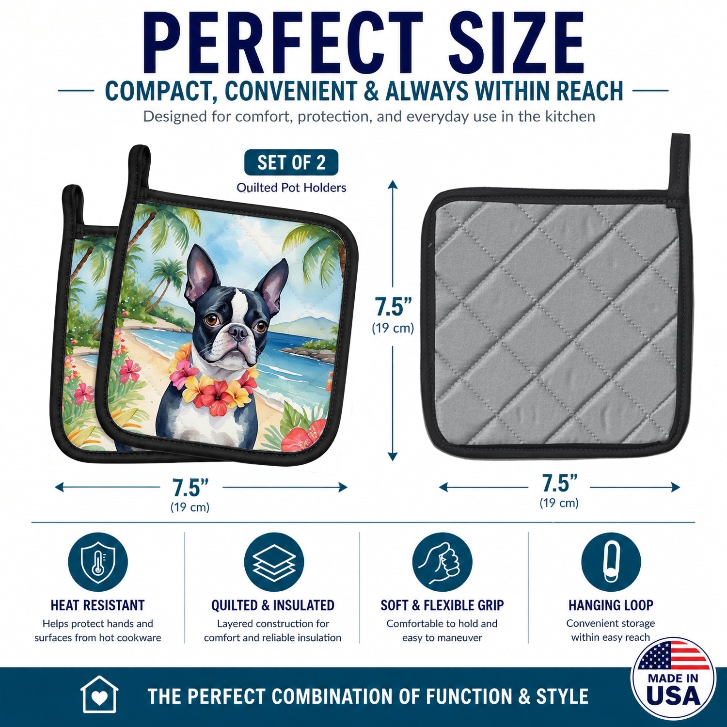 Boston Terrier Luau Pot Holder Set of 2 Heat Resistant Quilted Hot Pads 7.5 x 7.5 Inch, Insulated Kitchen Trivets for Cooking & Baking