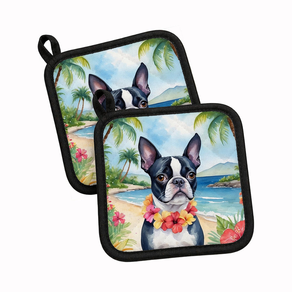 Boston Terrier Luau Pot Holder Set of 2 Heat Resistant Quilted Hot Pads 7.5 x 7.5 Inch, Insulated Kitchen Trivets for Cooking & Baking