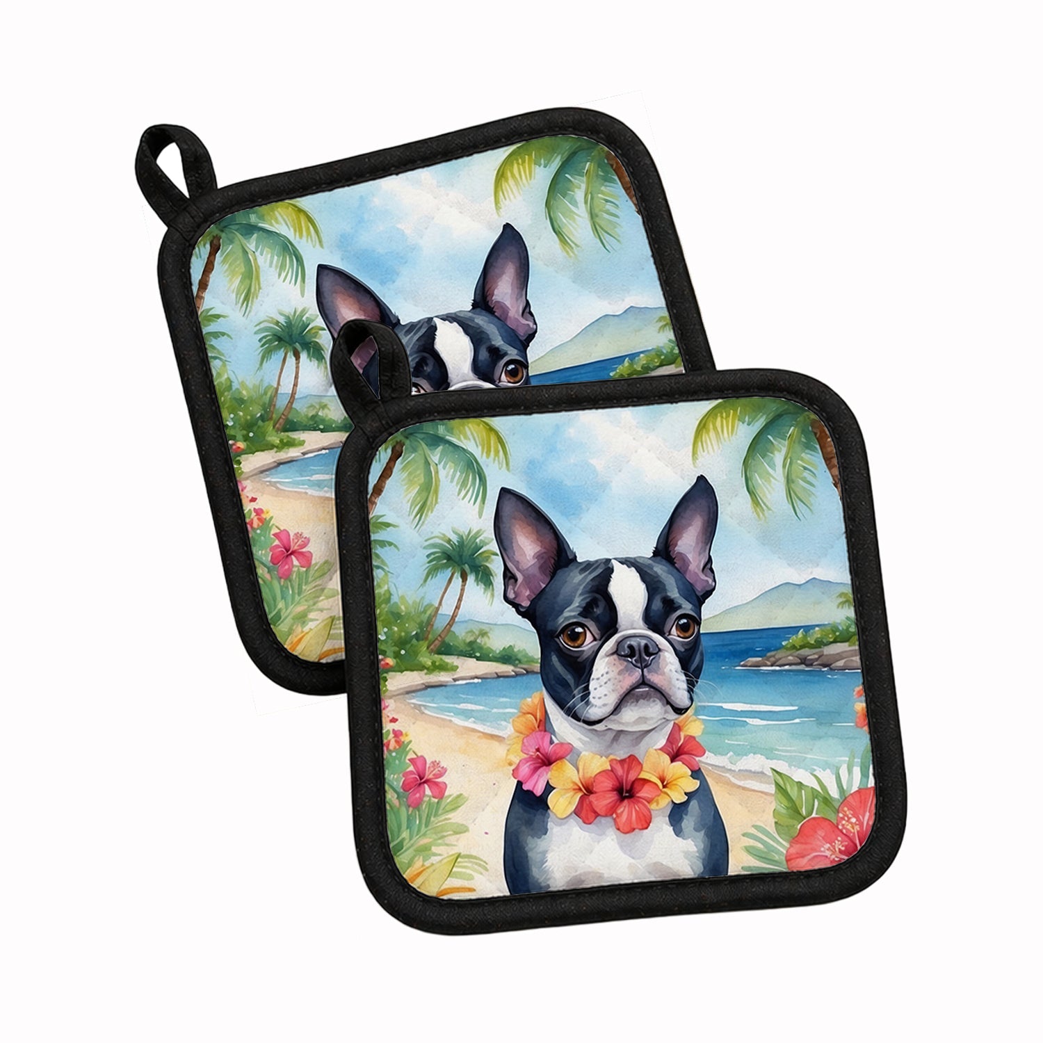 Boston Terrier Luau Pot Holder Set of 2 Heat Resistant Quilted Hot Pads 7.5 x 7.5 Inch, Insulated Kitchen Trivets for Cooking & Baking