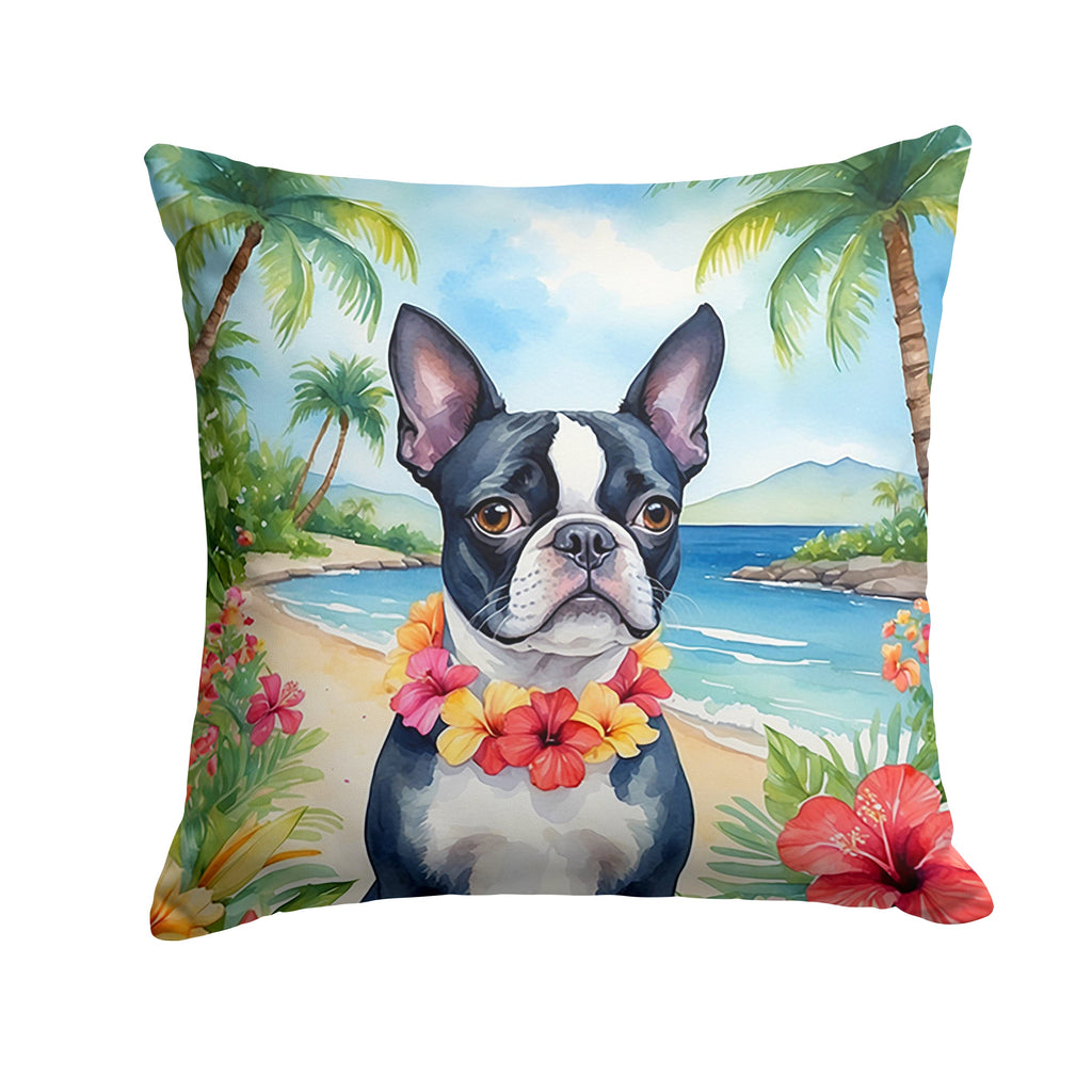 Boston Terrier Luau Decorative Throw Pillow 14x14 Indoor Outdoor Accent Cushion, Fabric Cover with Insert for Sofa, Bed, Porch & Living Room