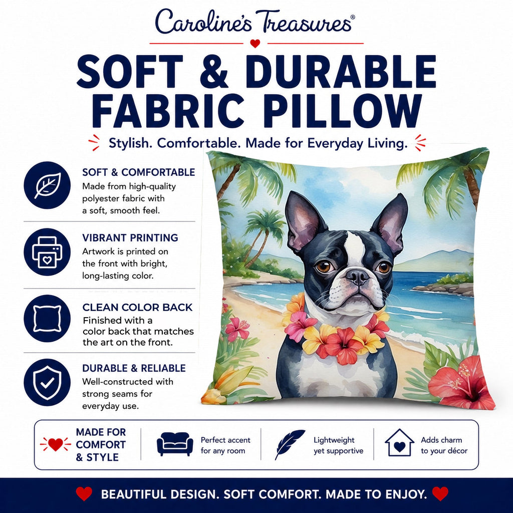 Boston Terrier Luau Decorative Throw Pillow 14x14 Indoor Outdoor Accent Cushion, Fabric Cover with Insert for Sofa, Bed, Porch & Living Room