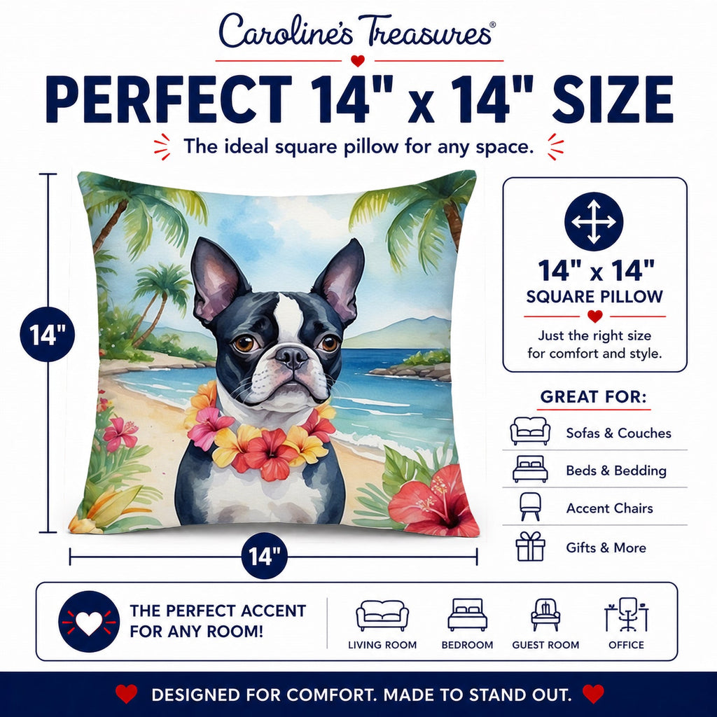 Boston Terrier Luau Decorative Throw Pillow 14x14 Indoor Outdoor Accent Cushion, Fabric Cover with Insert for Sofa, Bed, Porch & Living Room