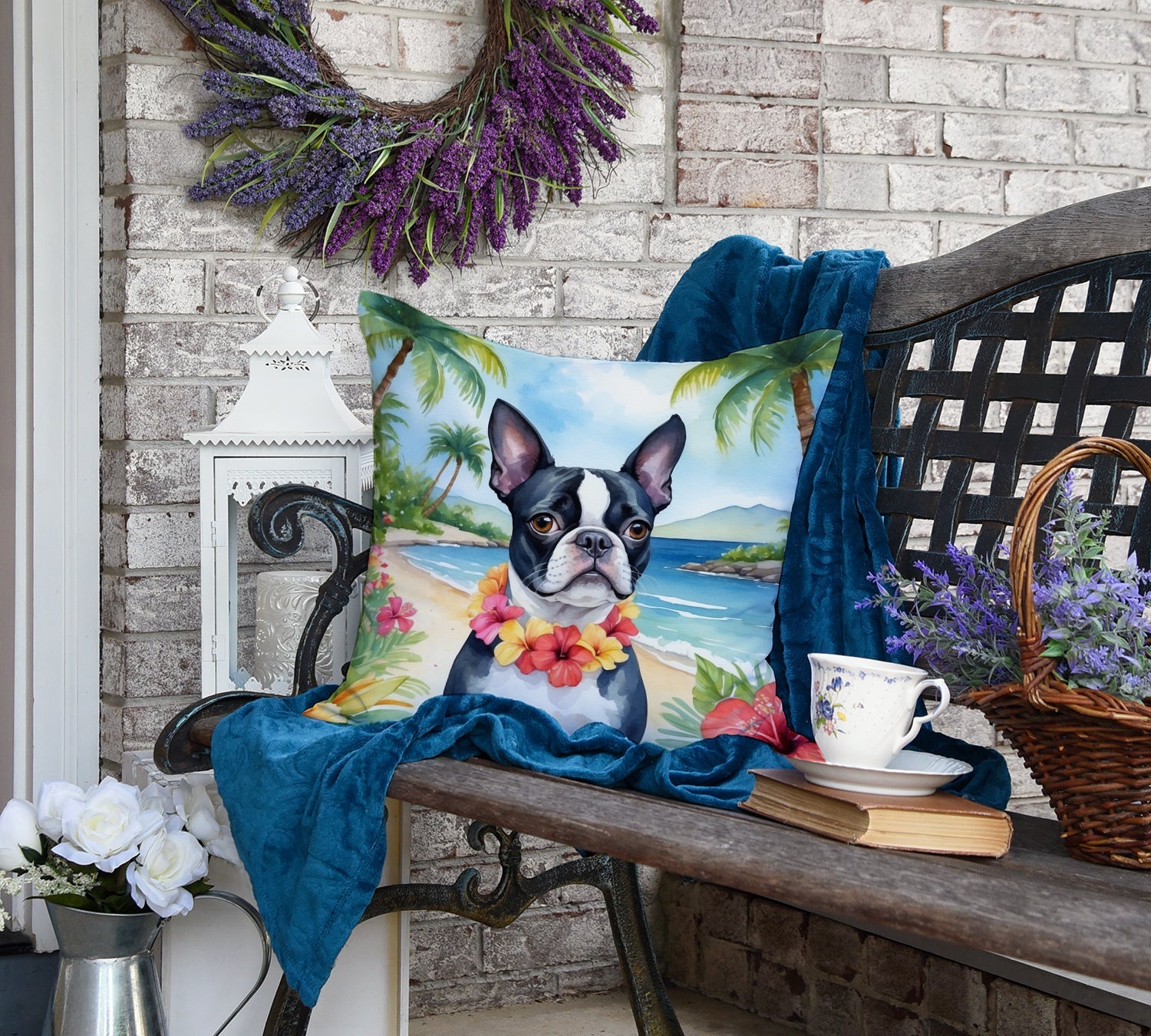 Boston Terrier Luau Decorative Throw Pillow 18x18 Indoor Outdoor Accent Cushion, Fabric Cover with Insert for Sofa, Bed, Porch & Living Room