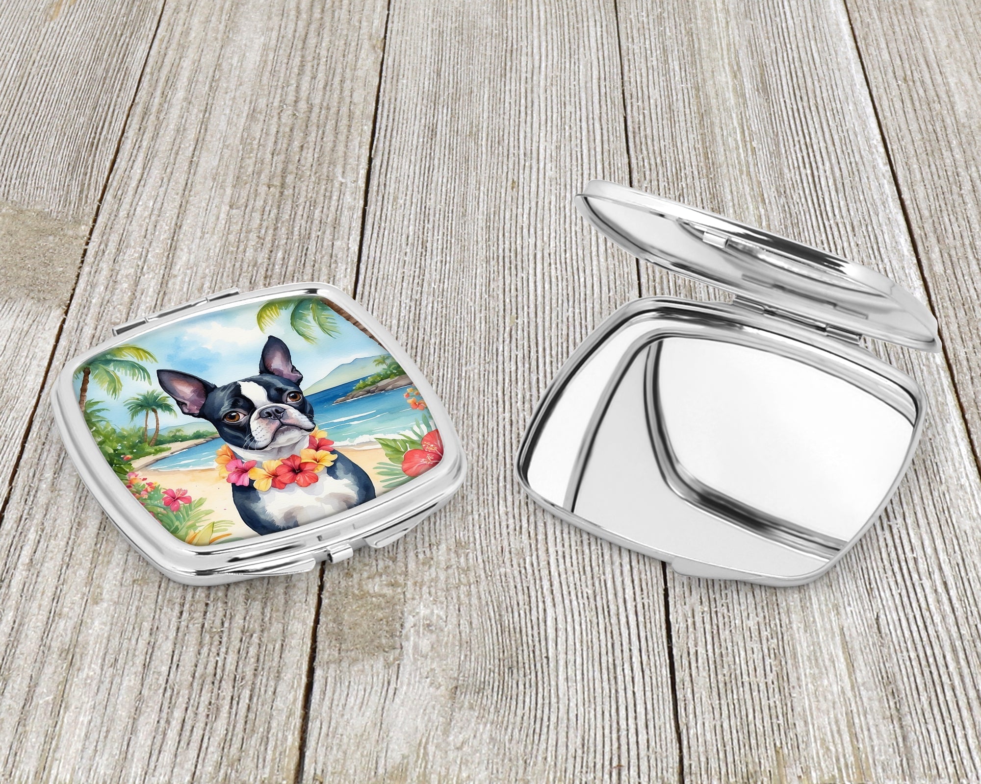 Boston Terrier Luau Compact Mirror Decorative Travel Makeup Mirror for Women Girls Gifts Pocket Makeup Mirror Folding Handheld