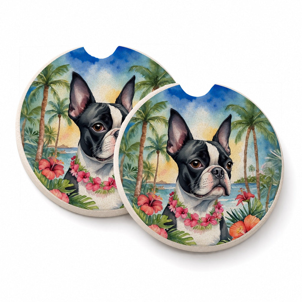 Boston Terrier Luau Set of 2 Cup Holder Car Coasters Absorbent Round Sandstone Coasters Gifts for Men or Women, 2.5, Multicolor
