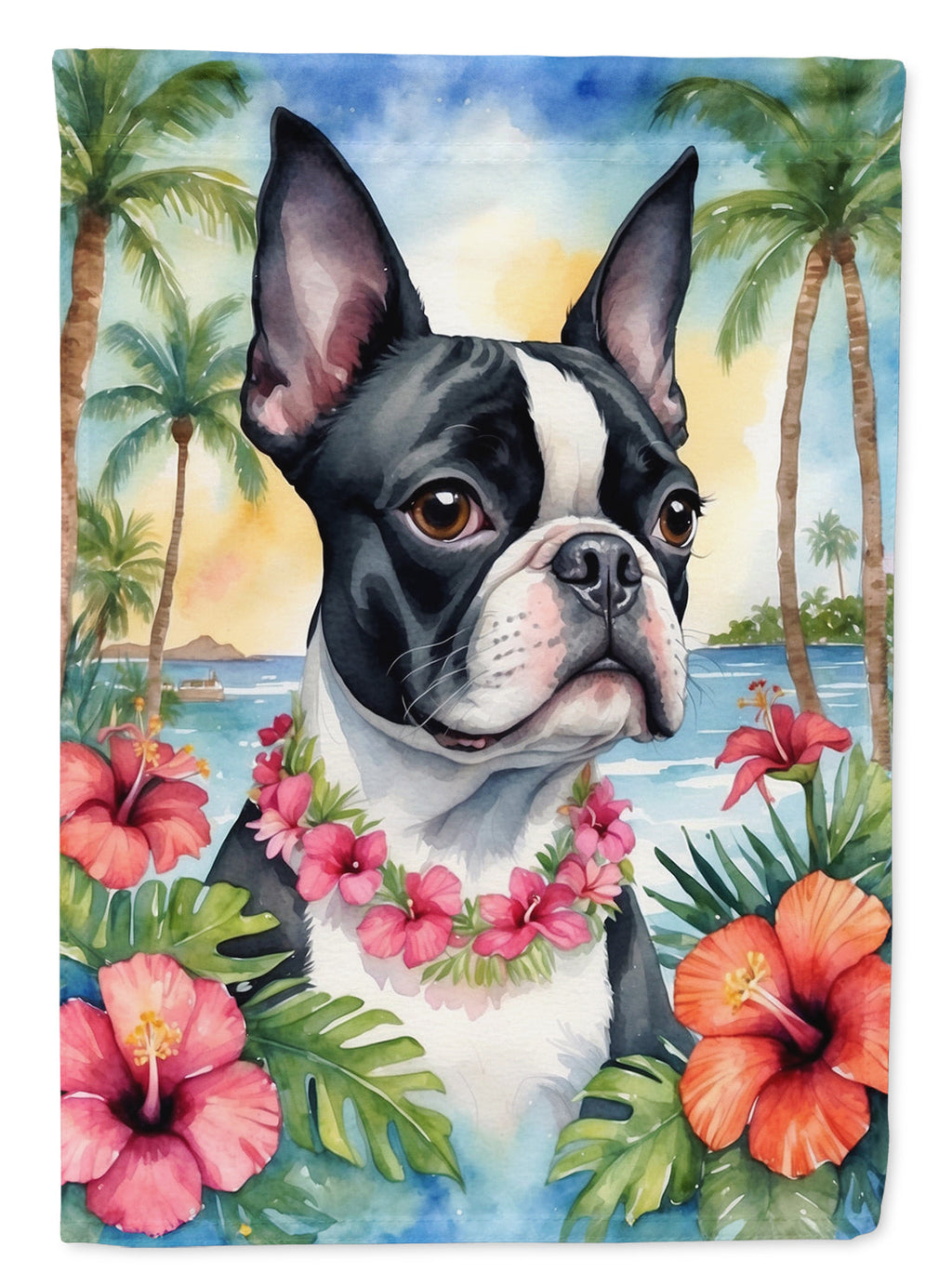 Boston Terrier Luau House Flag 28x40 Porch Sleeve Pole Decorative Outside Yard Banner Artwork Wall Hanging, Polyester