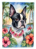 Boston Terrier Luau House Flag 28x40 Porch Sleeve Pole Decorative Outside Yard Banner Artwork Wall Hanging, Polyester