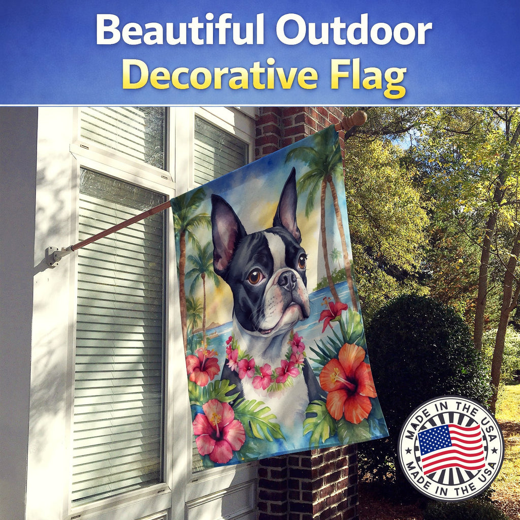 Boston Terrier Luau House Flag 28x40 Porch Sleeve Pole Decorative Outside Yard Banner Artwork Wall Hanging, Polyester