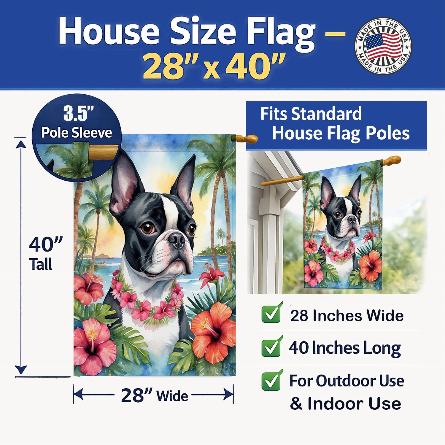 Boston Terrier Luau House Flag 28x40 Porch Sleeve Pole Decorative Outside Yard Banner Artwork Wall Hanging, Polyester