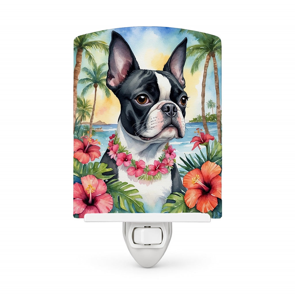 Boston Terrier Luau Ceramic Night Light Compact, UL-Certified, Ideal for Bedroom, Bathroom, Nursery, Hallway, Kitchen, 6x4x3, Multicolor