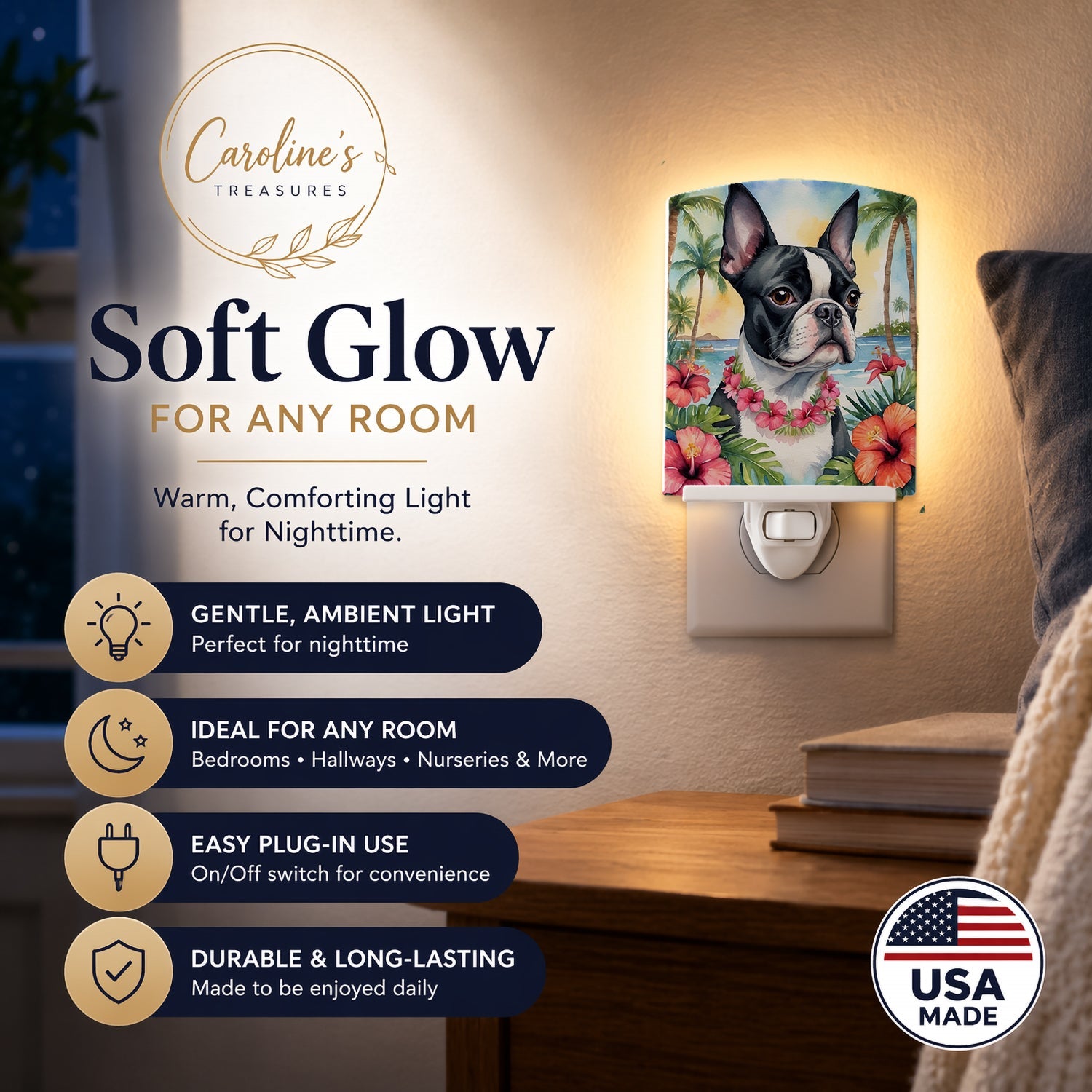 Boston Terrier Luau Ceramic Night Light Compact, UL-Certified, Ideal for Bedroom, Bathroom, Nursery, Hallway, Kitchen, 6x4x3, Multicolor