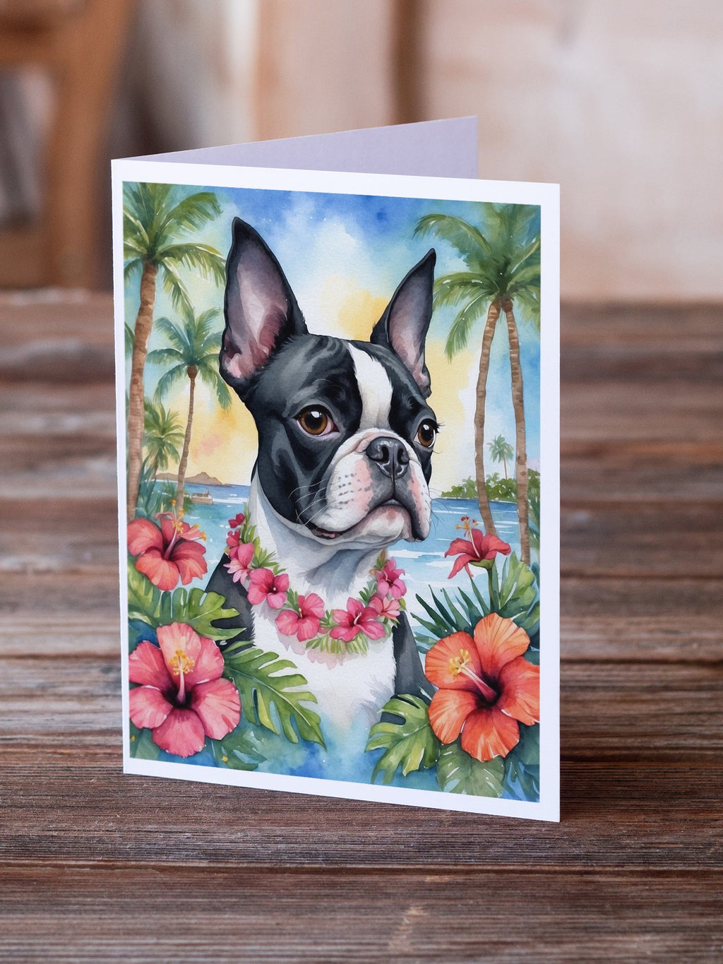 Boston Terrier Luau Greeting Cards Pack of 8 Blank Cards with Envelopes Whimsical A7 Size 5x7
