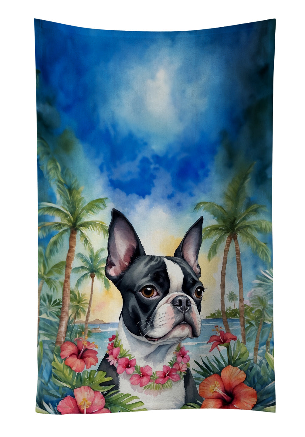 Boston Terrier Luau Kitchen Towel Velour Plush Front and Cotton Loop Back Machine Washable