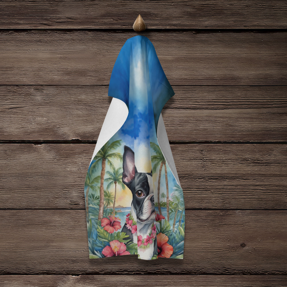 Boston Terrier Luau Kitchen Towel Velour Plush Front and Cotton Loop Back Machine Washable