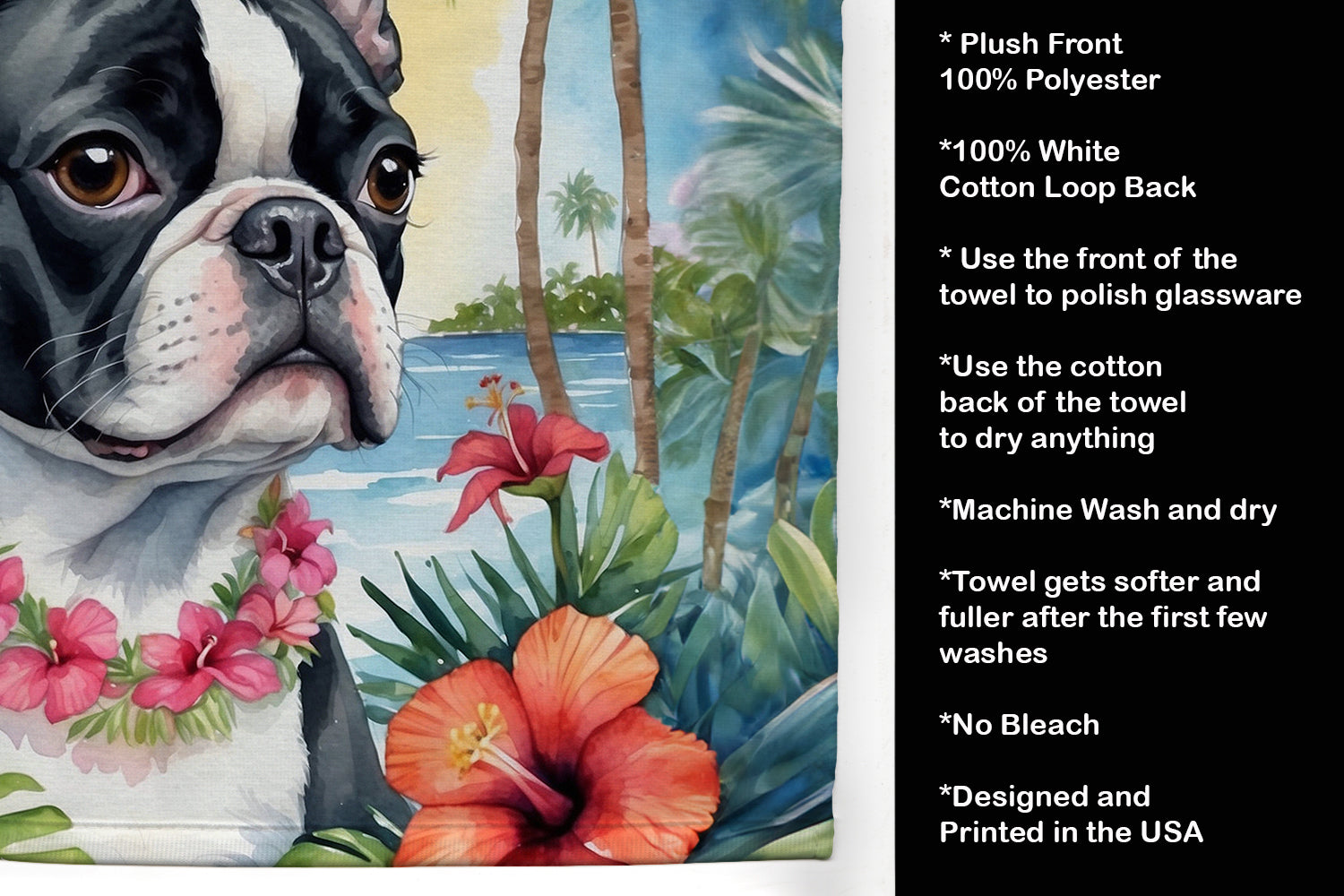 Boston Terrier Luau Kitchen Towel Velour Plush Front and Cotton Loop Back Machine Washable