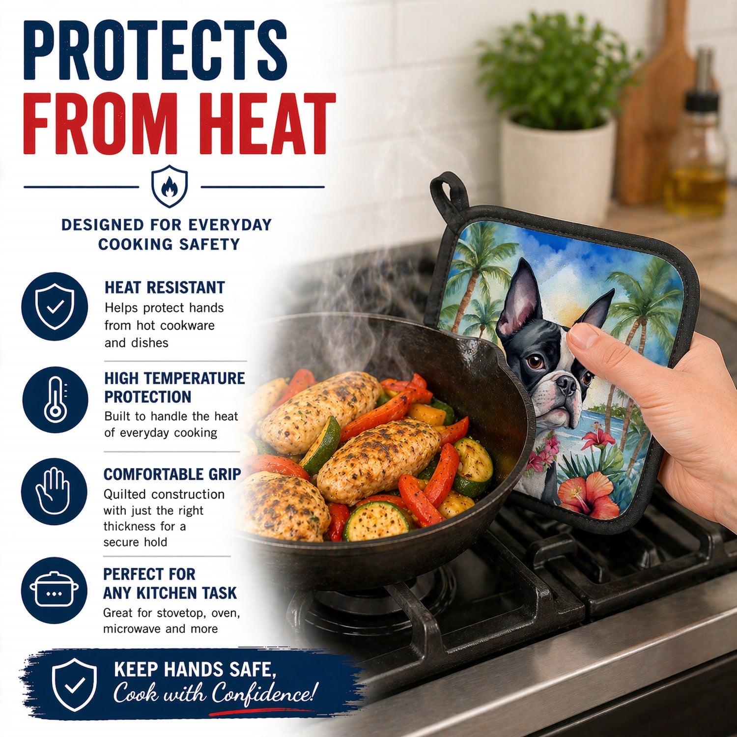 Boston Terrier Luau Pot Holder Set of 2 Heat Resistant Quilted Hot Pads 7.5 x 7.5 Inch, Insulated Kitchen Trivets for Cooking & Baking