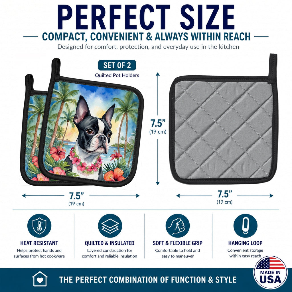 Boston Terrier Luau Pot Holder Set of 2 Heat Resistant Quilted Hot Pads 7.5 x 7.5 Inch, Insulated Kitchen Trivets for Cooking & Baking