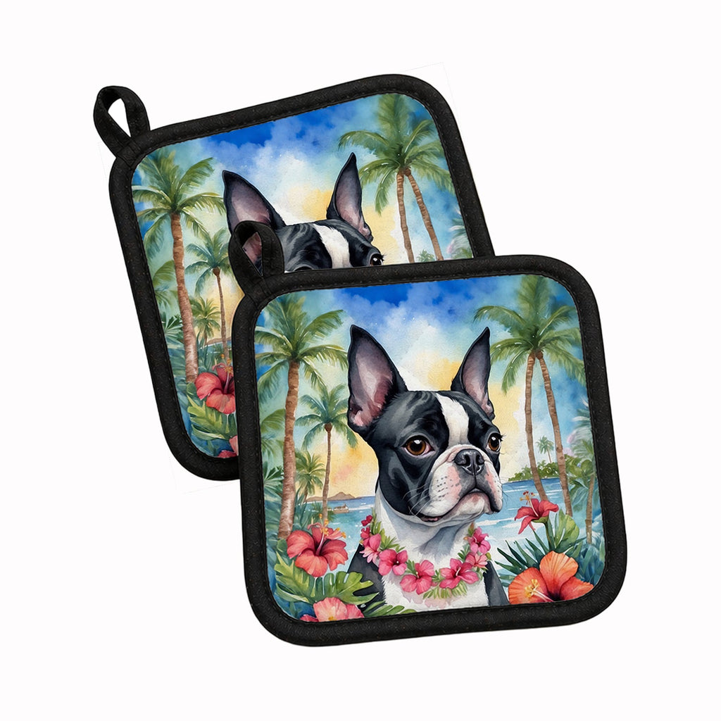 Boston Terrier Luau Pot Holder Set of 2 Heat Resistant Quilted Hot Pads 7.5 x 7.5 Inch, Insulated Kitchen Trivets for Cooking & Baking