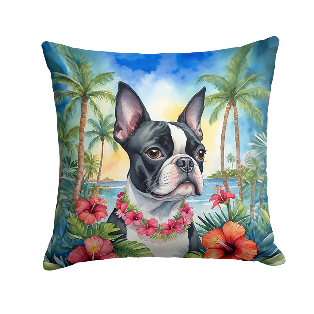 Boston Terrier Luau Decorative Throw Pillow 14x14 Indoor Outdoor Accent Cushion, Fabric Cover with Insert for Sofa, Bed, Porch & Living Room