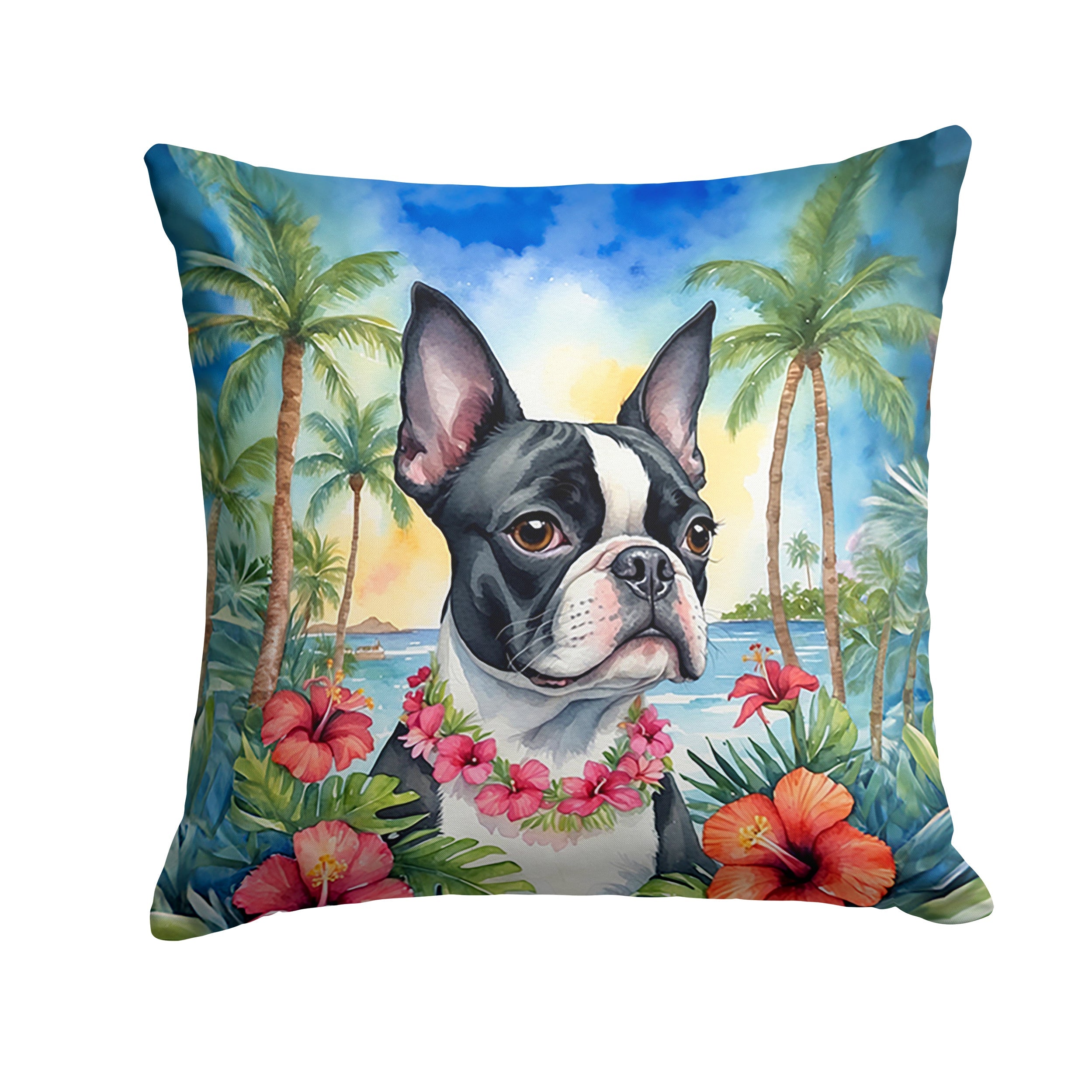 Boston Terrier Luau Decorative Throw Pillow 14x14 Indoor Outdoor Accent Cushion, Fabric Cover with Insert for Sofa, Bed, Porch & Living Room