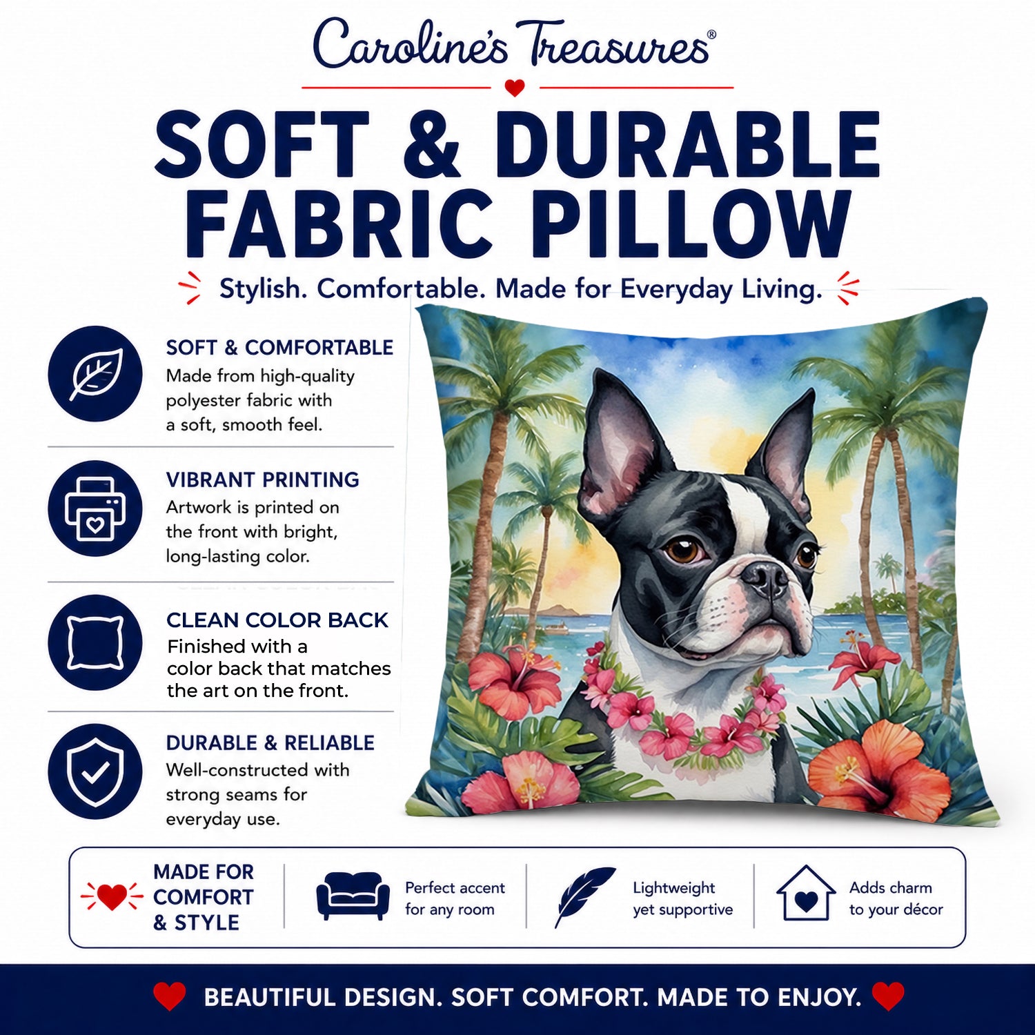 Boston Terrier Luau Decorative Throw Pillow 14x14 Indoor Outdoor Accent Cushion, Fabric Cover with Insert for Sofa, Bed, Porch & Living Room