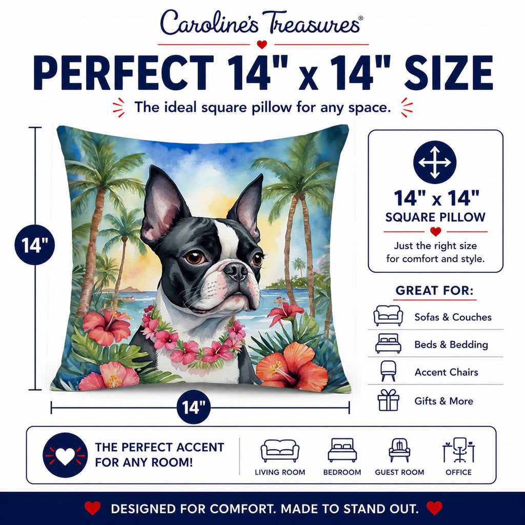 Boston Terrier Luau Decorative Throw Pillow 14x14 Indoor Outdoor Accent Cushion, Fabric Cover with Insert for Sofa, Bed, Porch & Living Room