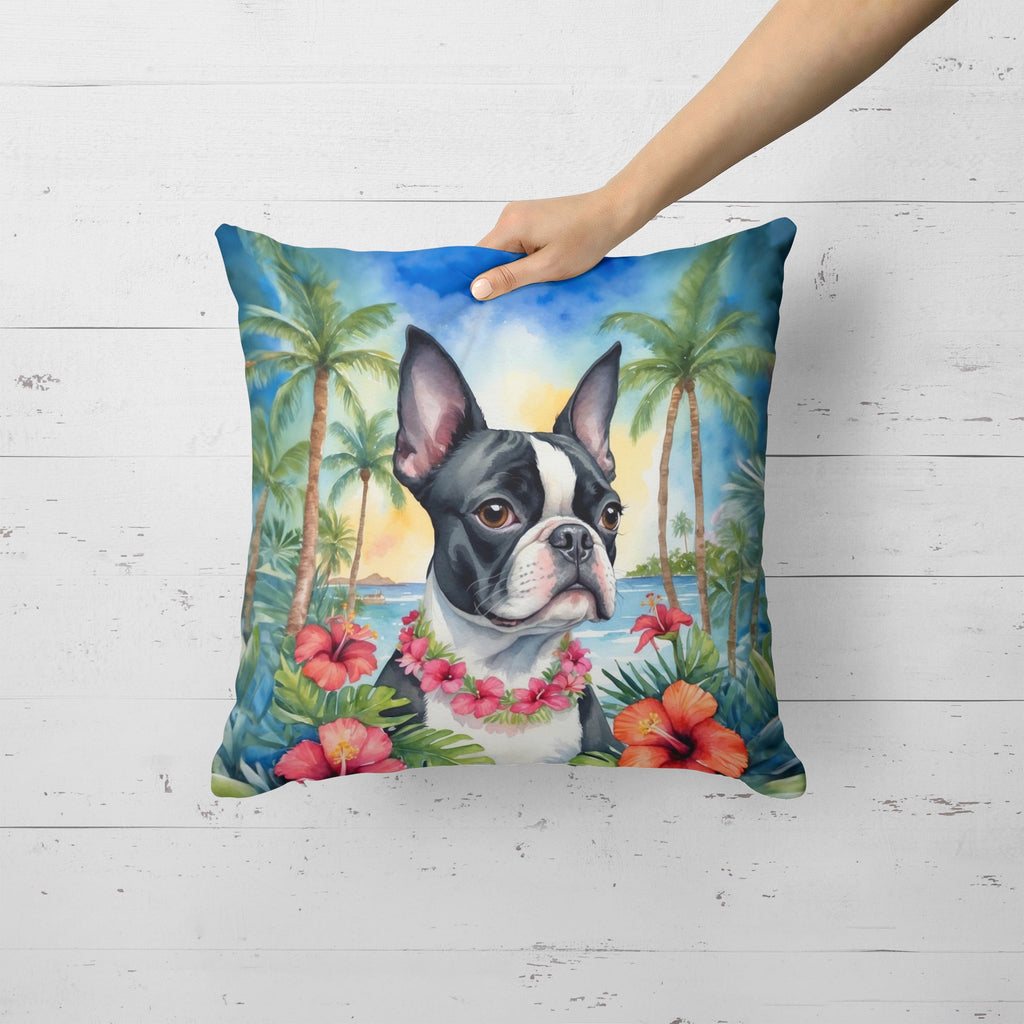 Boston Terrier Luau Decorative Throw Pillow 18x18 Indoor Outdoor Accent Cushion, Fabric Cover with Insert for Sofa, Bed, Porch & Living Room