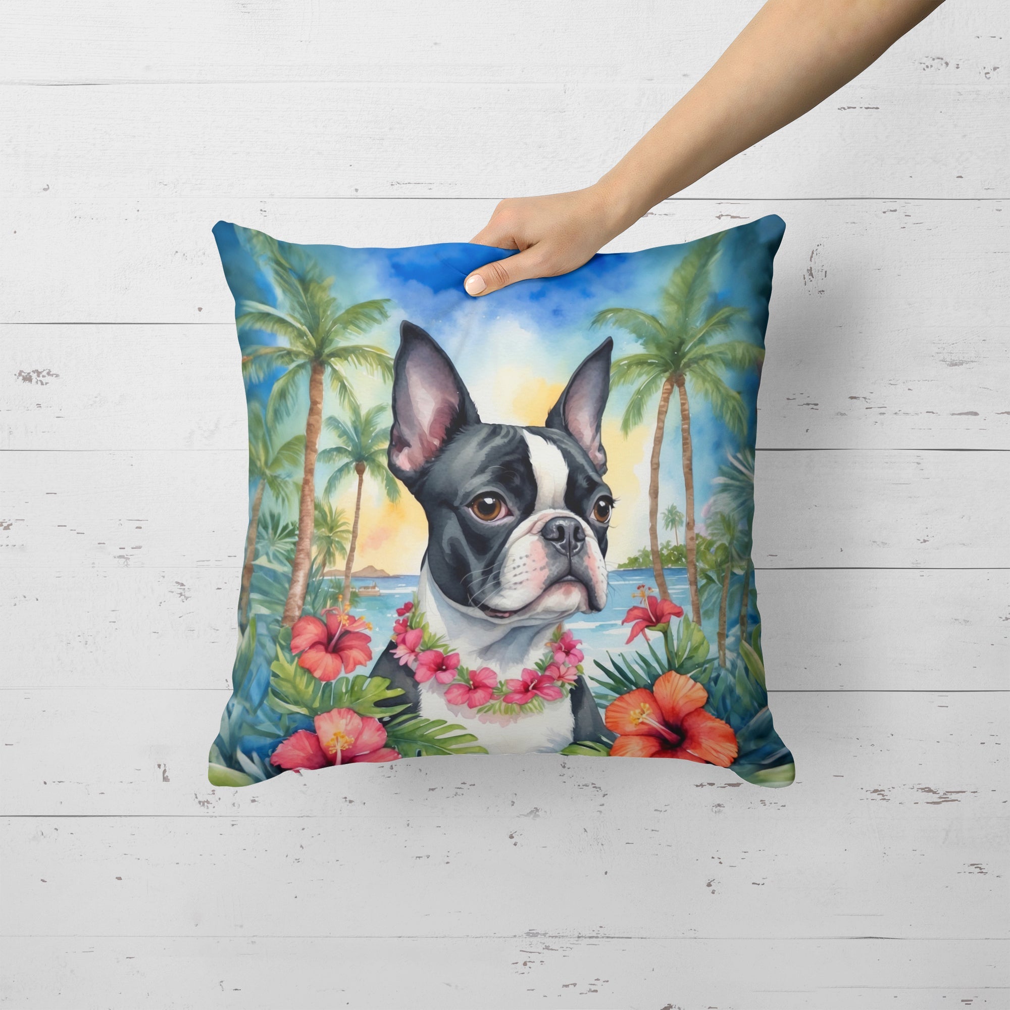 Boston Terrier Luau Decorative Throw Pillow 18x18 Indoor Outdoor Accent Cushion, Fabric Cover with Insert for Sofa, Bed, Porch & Living Room