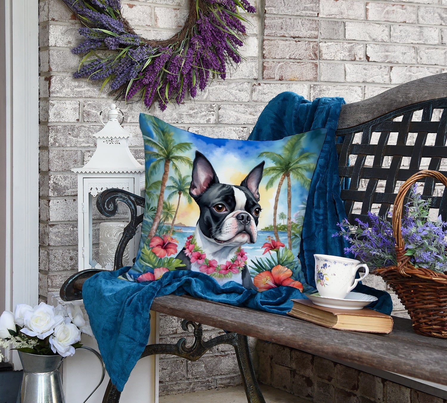 Boston Terrier Luau Decorative Throw Pillow 18x18 Indoor Outdoor Accent Cushion, Fabric Cover with Insert for Sofa, Bed, Porch & Living Room