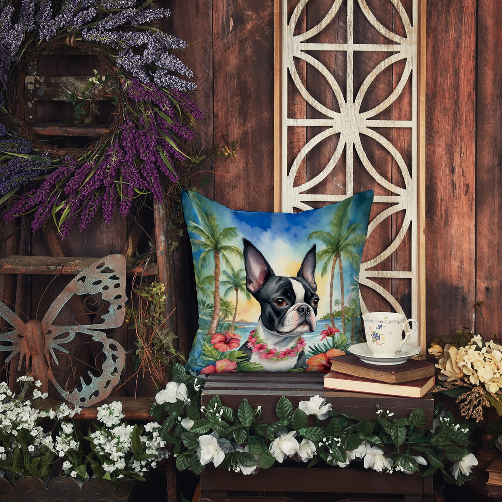 Boston Terrier Luau Decorative Throw Pillow 18x18 Indoor Outdoor Accent Cushion, Fabric Cover with Insert for Sofa, Bed, Porch & Living Room