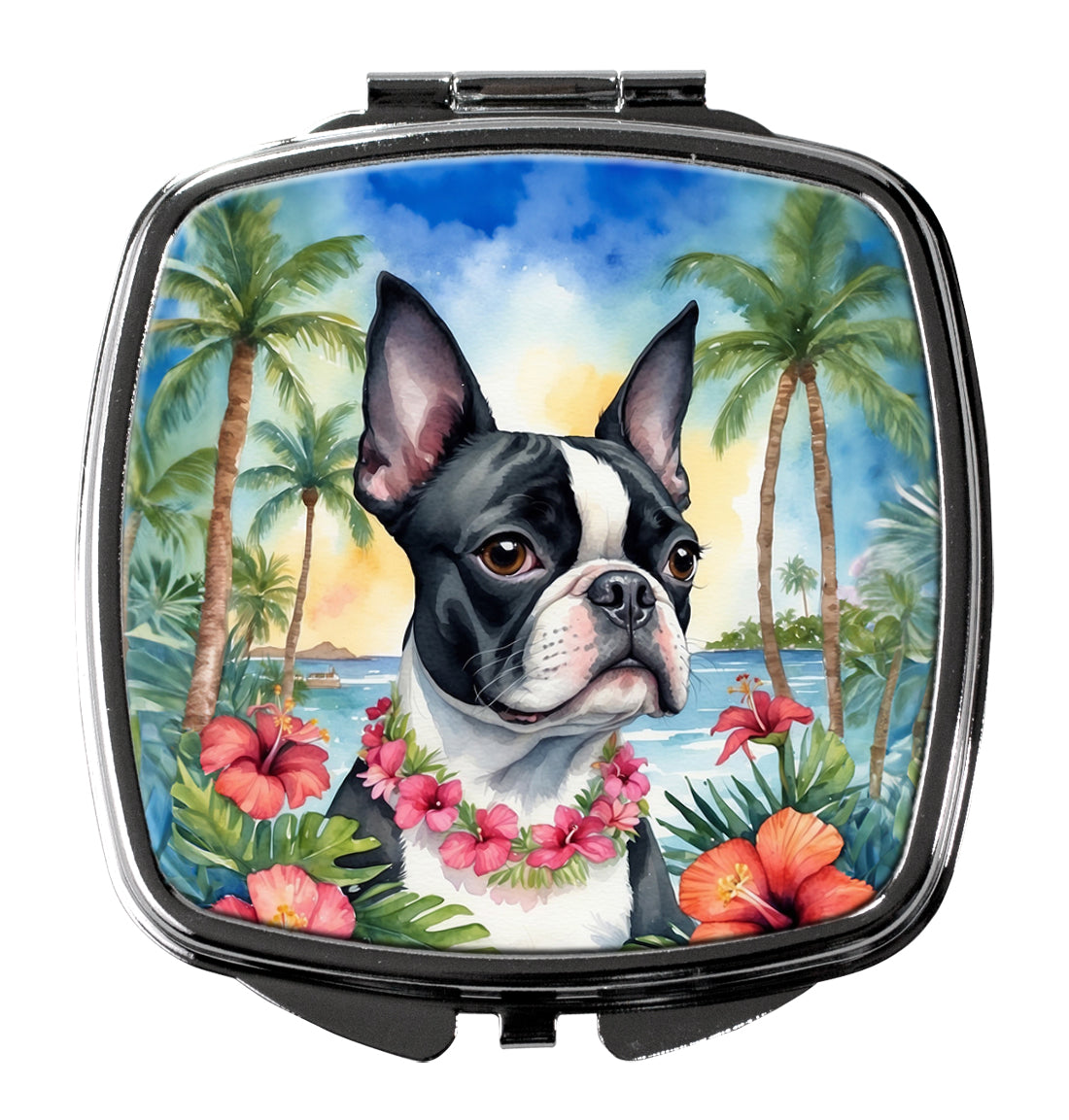 Boston Terrier Luau Compact Mirror Decorative Travel Makeup Mirror for Women Girls Gifts Pocket Makeup Mirror Folding Handheld