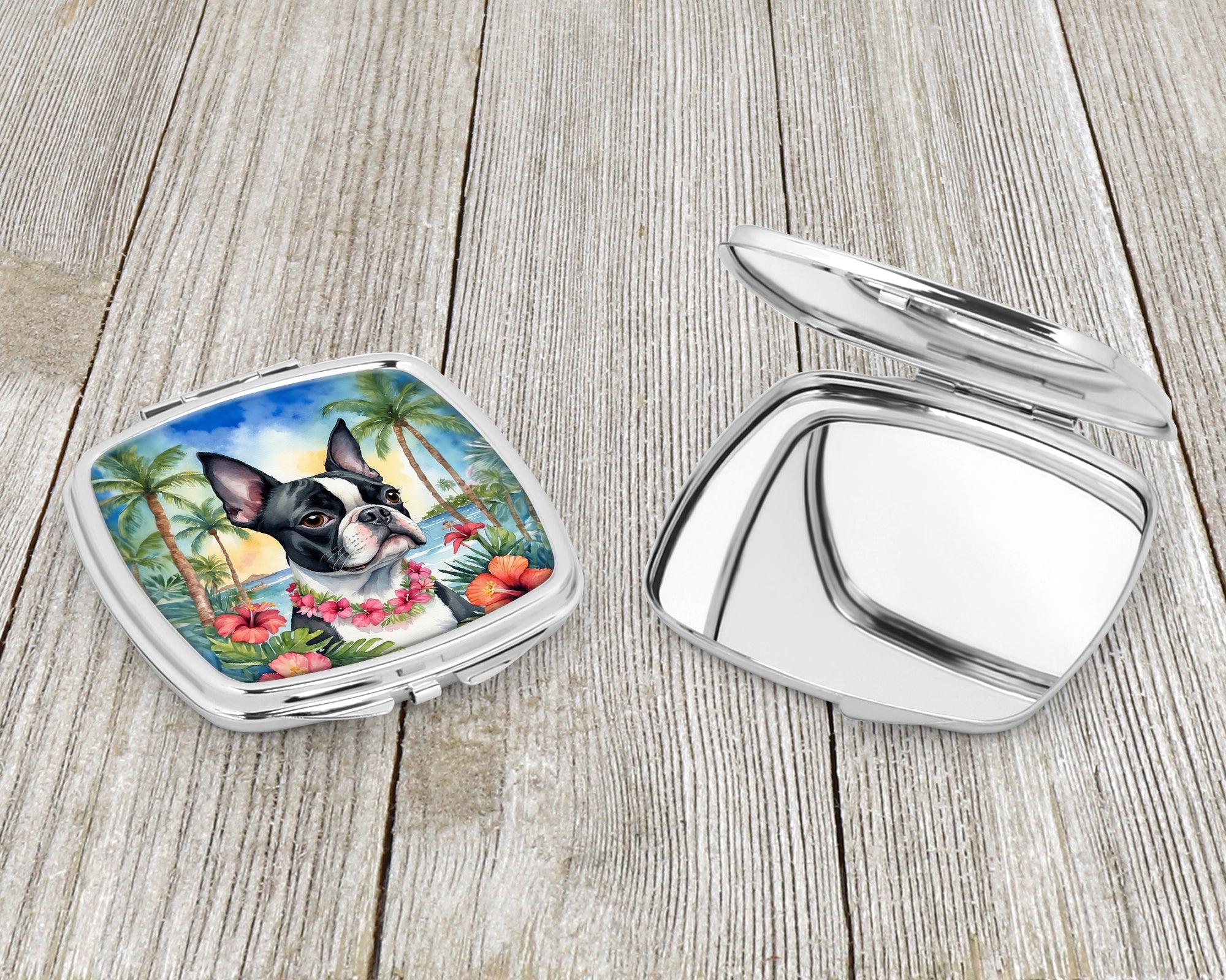 Boston Terrier Luau Compact Mirror Decorative Travel Makeup Mirror for Women Girls Gifts Pocket Makeup Mirror Folding Handheld