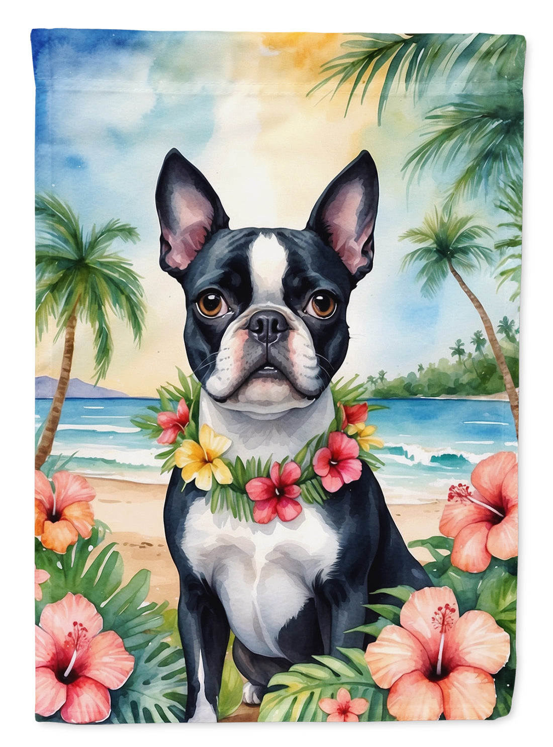 Boston Terrier Luau House Flag 28x40 Porch Sleeve Pole Decorative Outside Yard Banner Artwork Wall Hanging, Polyester